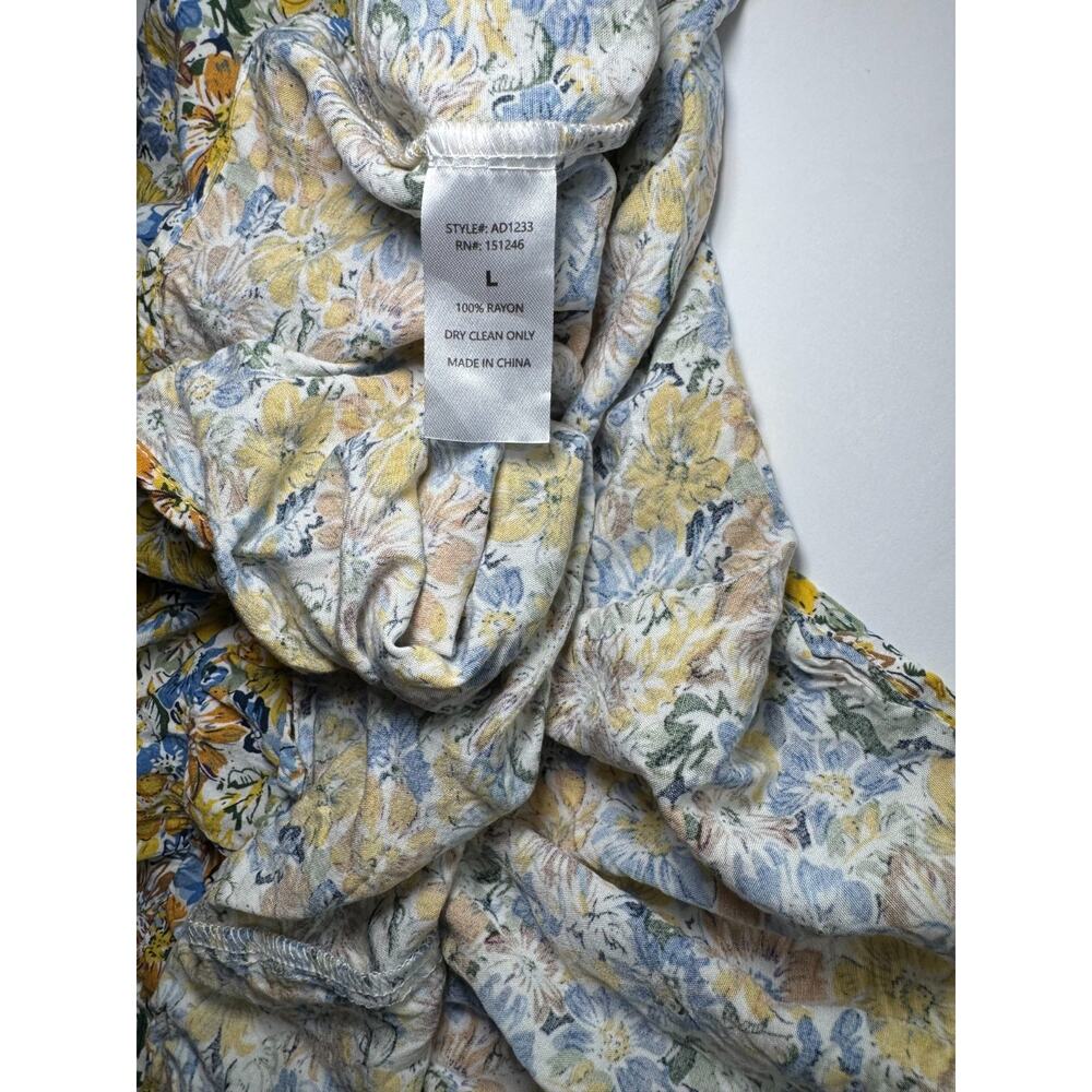 Brass and Roe Floral Mini Dress Women Large Boho Cottagecore Tiered Yellow/Blue - Picture 10 of 13